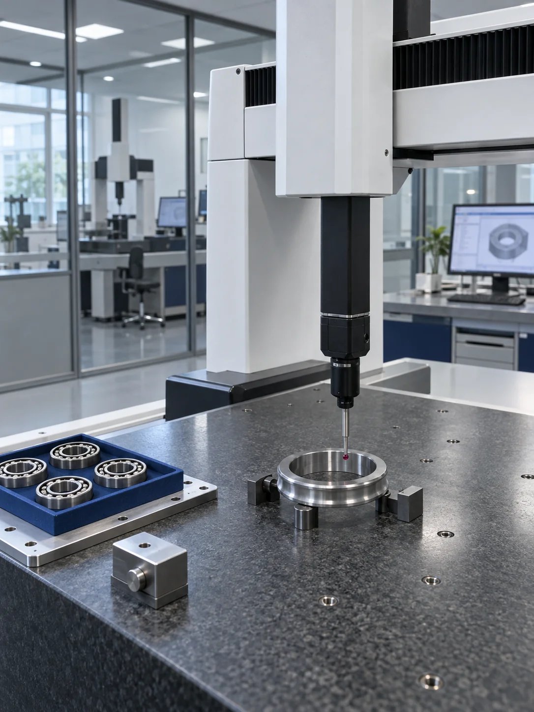 Illustration of bearing ring measurement in a precision inspection laboratory